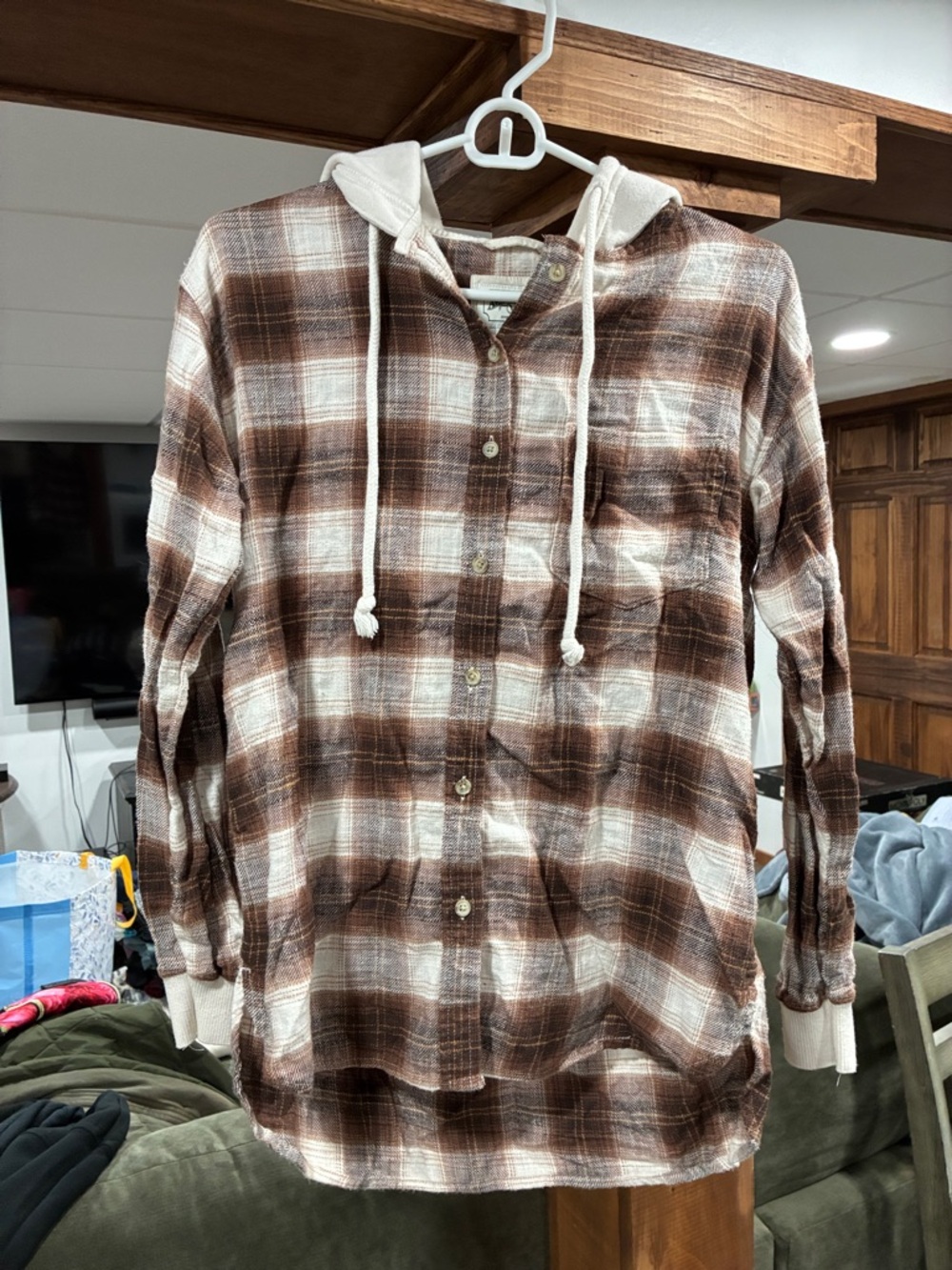 American Eagle Outfitters Brown and Cream Plaid Hooded Flannel Shirt